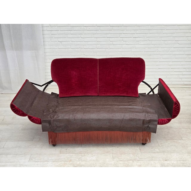 Wood Danish 2-Seater Drop Arm and Back Sofa in Cherry-Red Velour, 1950s For Sale - Image 7 of 18