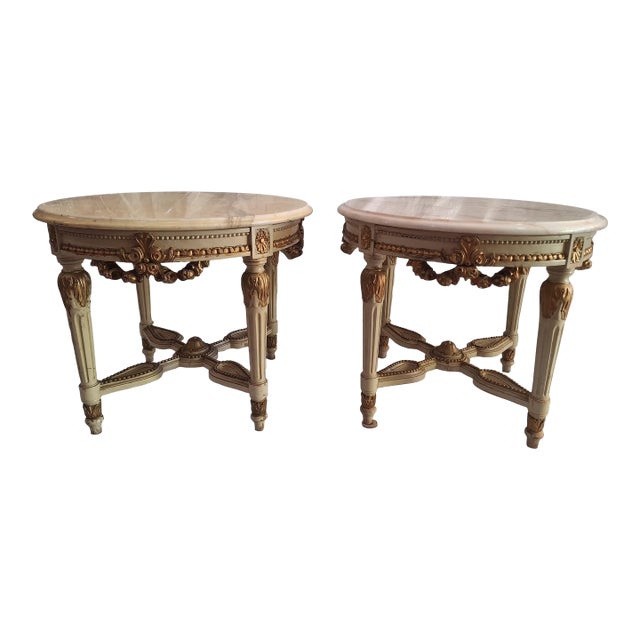 1950s Pairs of French Neoclassical Gilt Wood and Marbel Top Side Table 25'' Round For Sale
