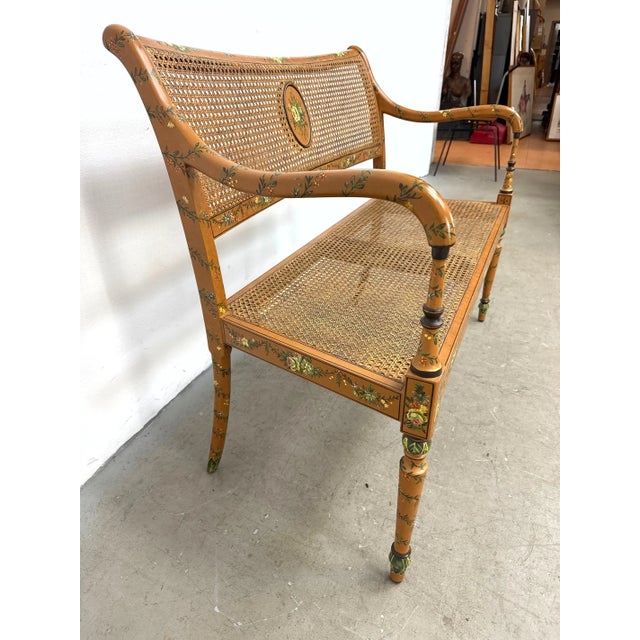 Late 20th Century Late 20th Century Elegant Sheraton Style Painted Floral Cane Settee With Neoclassical Detailing For Sale - Image 5 of 14