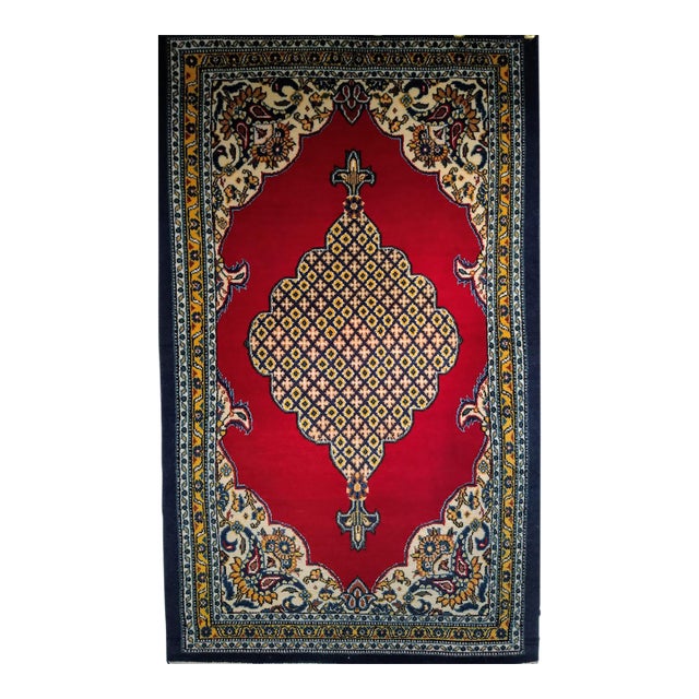 Vintage Persian Qum Area Rug, Hand-Knotted Wool, Geometric Medallion Pattern, 3x5, Red & Navy For Sale