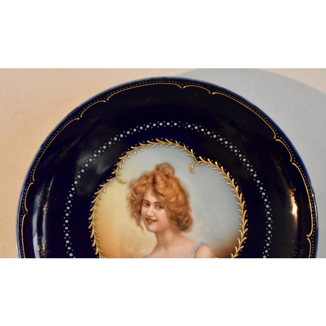 Ceramic Antique Vienna Style Cobalt Blue Porcelain Cabinet Portrait Plate Hand Painted For Sale - Image 7 of 13
