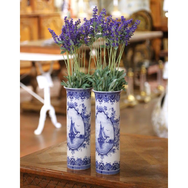 Nautical Pair of Early 20th Century Dutch Delft Faience Vases With Sailboat Scenes For Sale - Image 3 of 9