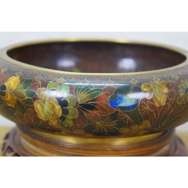 Mid 20th Century Chinese Cloisonne Enameled Brass Thousand Flowers Brush Bowl & Elm Stand For Sale - Image 11 of 13