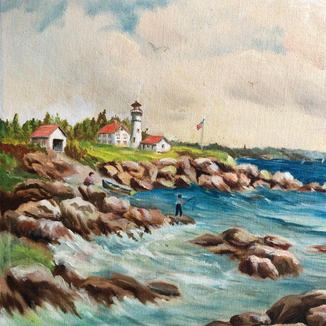 Traditional Vintage 1950’s Modernist Original Maine Coastal Painting Signed Lighthouse/Sailboat/Fisherman/Seagulls For Sale - Image 3 of 6