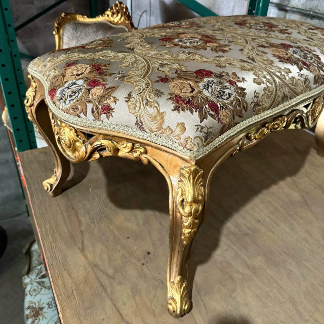 This romantic style bench showcases beautiful craftsmanship in every detail. It has been fully refinished in genuine gold...