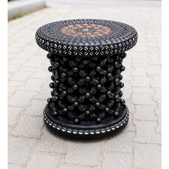 African Modern Bamileke Coffee Table Home Design . Black African Handmade Stool for Living Room Decor . For Sale - Image 3 of 5