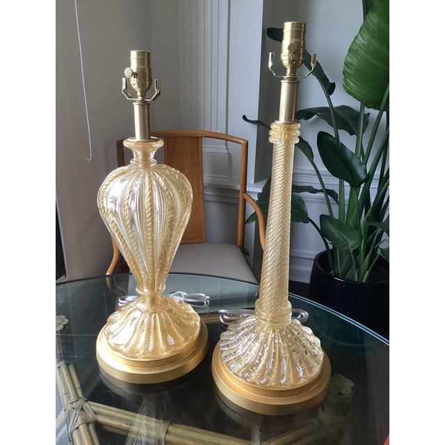 Vintage Murano Attributed Gold Aventurine Glass Table Lamps – Restored Set - a pair For Sale In Atlanta - Image 6 of 7