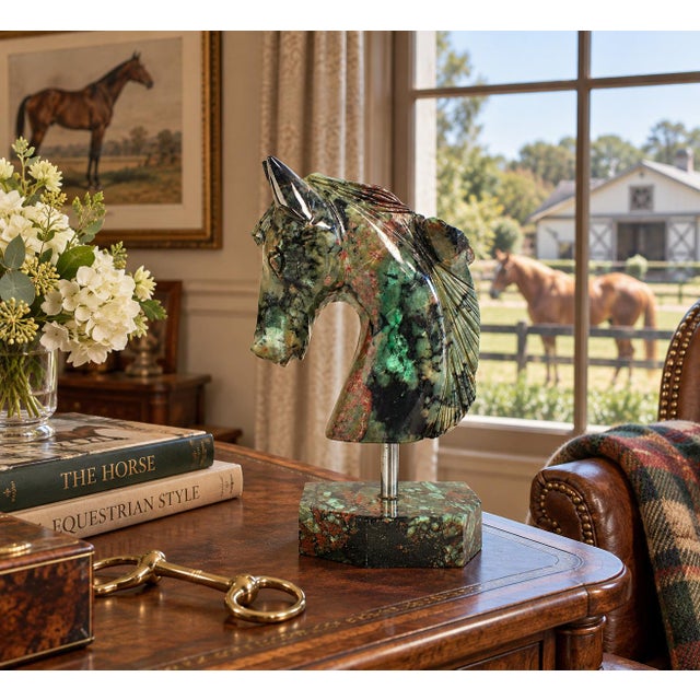 A beautiful hand-carved natural emerald horse head sculpture, beautifully modeled with a graceful arched neck, alert ears,...