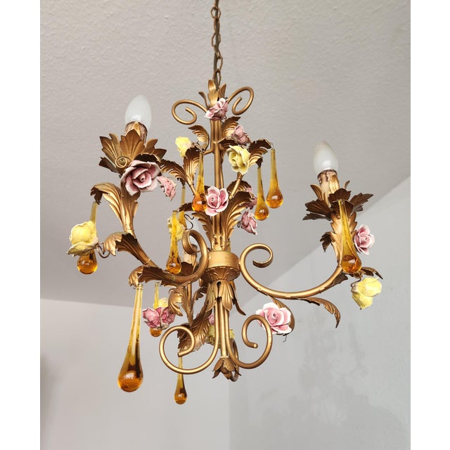 Glass Vintage Venetian Three-Light Chandelier with Murano Glass Drops, 1960s For Sale - Image 7 of 18