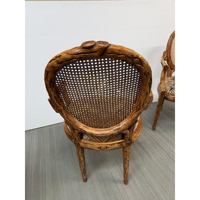 Late 20th Century Carved Wood Cane Back Arm Chairs, Pair For Sale - Image 5 of 12