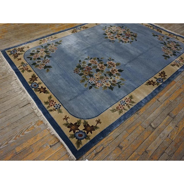 1980s 1980s Ligth Blue Floral Vintage Silk Chinese Art Deco Carpet 6'2" X 9' Handknotted Rug For Sale - Image 5 of 12