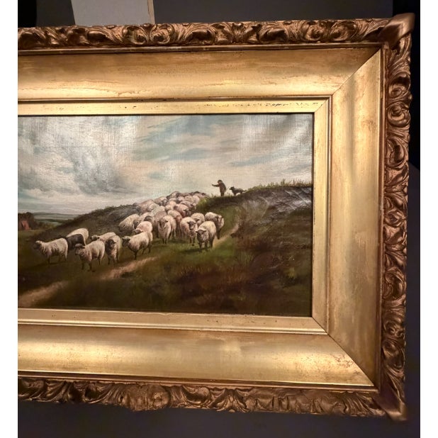 Antique English Country Sheep Landscape Painting in Original Frame, Late 19th Century For Sale - Image 4 of 7