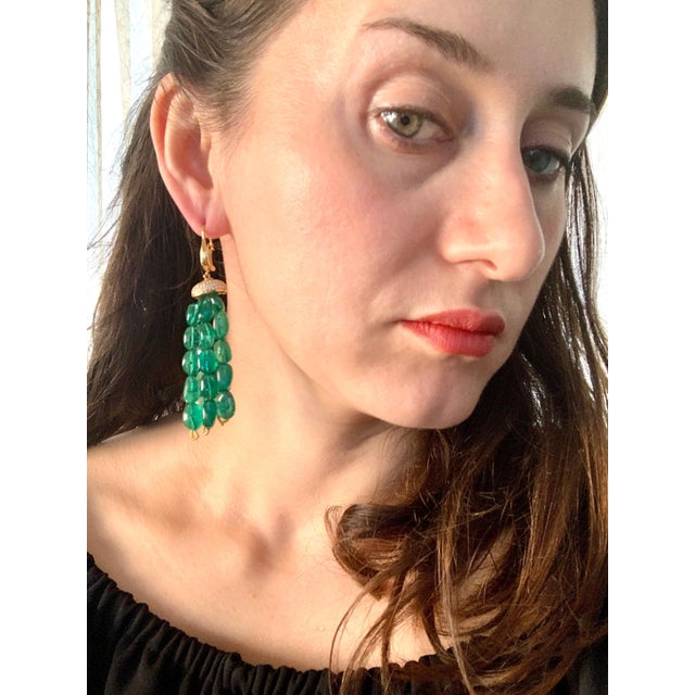 Emerald 150 Carat Emerald Beads and Diamond Hanging/ Drop Earrings 14 Karat Yellow Gold For Sale - Image 8 of 18