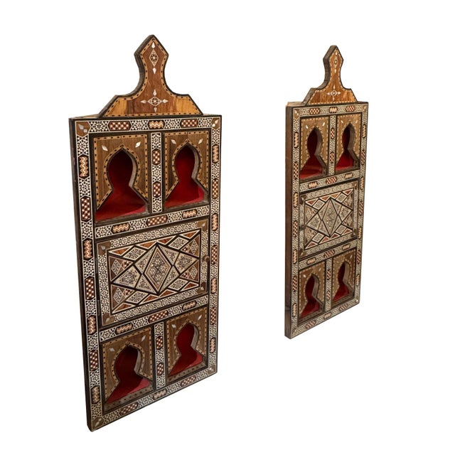 Moroccan Vintage Marquetry Wood Inlay Corner Style Decor Shelf, 2 Pieces For Sale - Image 3 of 9