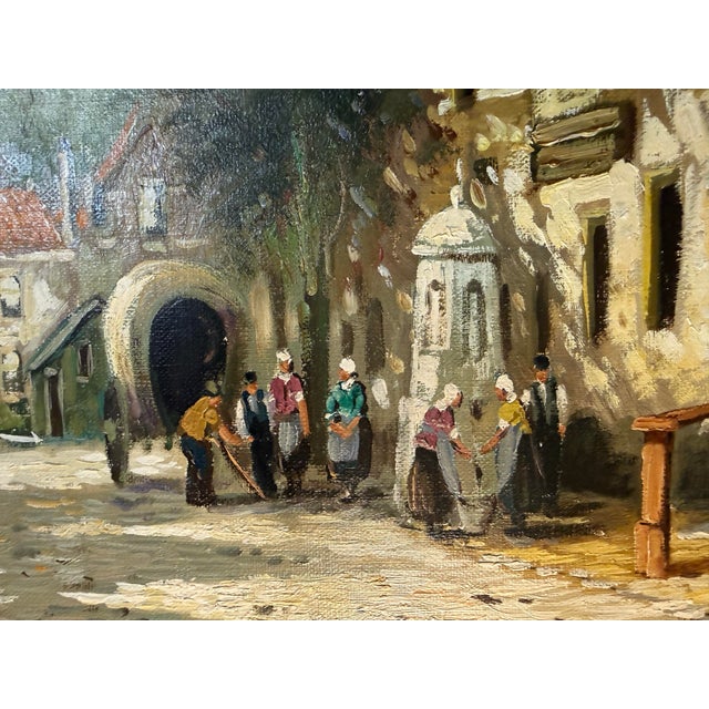 Rustic European Dutch School Village Street Scene Oil Painting, Signed H. Ten Houven Vintage For Sale - Image 3 of 12