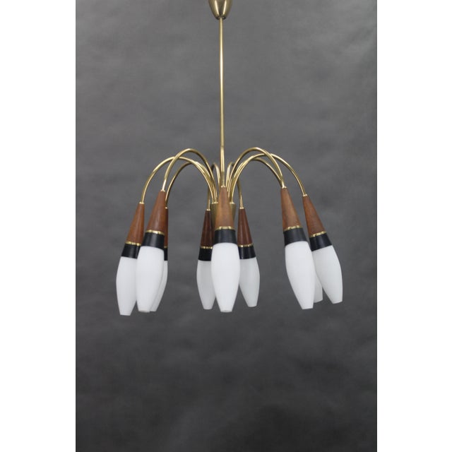 1960s Brass and Teak Opaline Glass Chandelier by Rupert Nikoll, Austria, 1960s For Sale - Image 5 of 8
