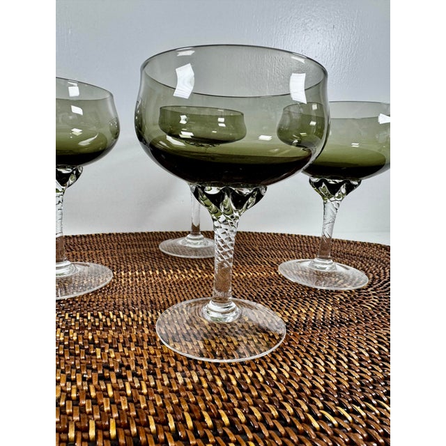 Japanese Sasaki Coronation Smoke Coupe Glasses Set of 4 Gray Mid Century Japanese Stemware For Sale - Image 3 of 5