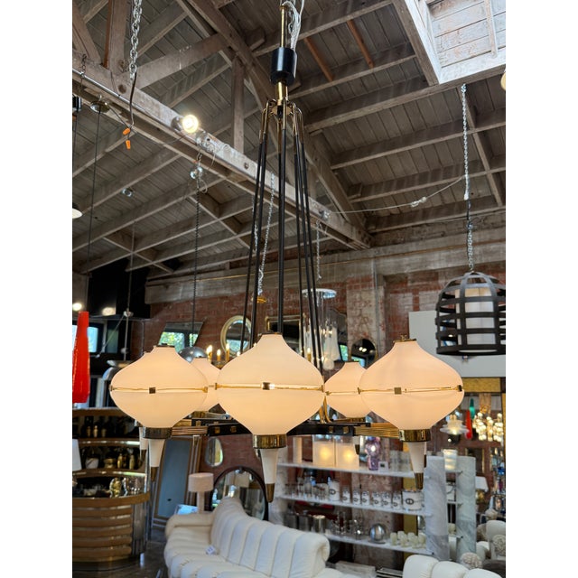 Metal Stilnovo Opaline Glass Chandelier With Brass & Black Accents 1950's For Sale - Image 7 of 8