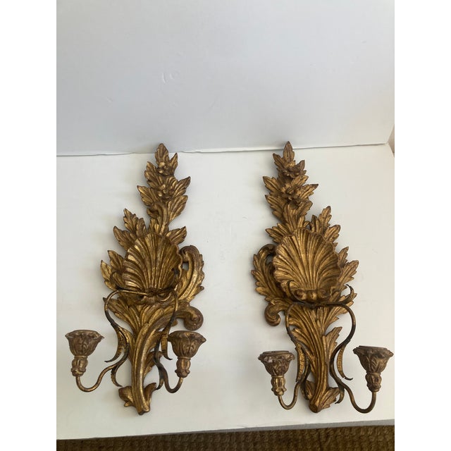 Italian Baroque Carved Gilt Wood Wall Sconces - A Pair For Sale - Image 9 of 11