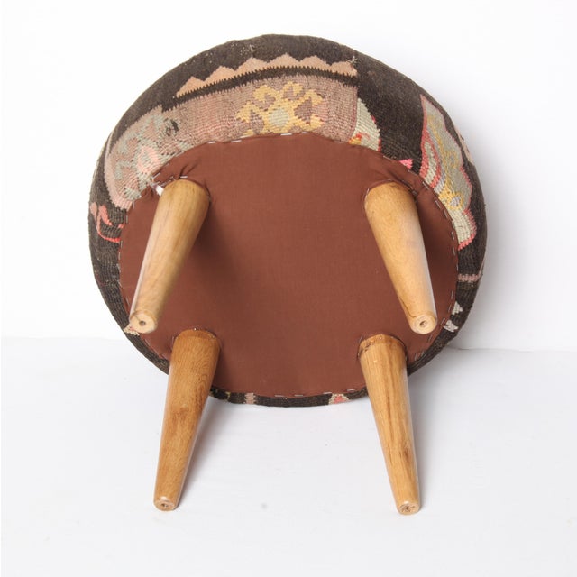 Wood Handwoven Vintage Kilim Upholstered Ottoman Stool | Tribal Wool Footstool With Wooden Legs For Sale - Image 7 of 8