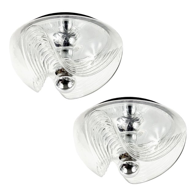 Large Mid-Century Modern Space Age Glass Wave Flush Mounts by Koch & Lowy for Peill & Putzler, Germany, 1970s, Set of 2 For Sale