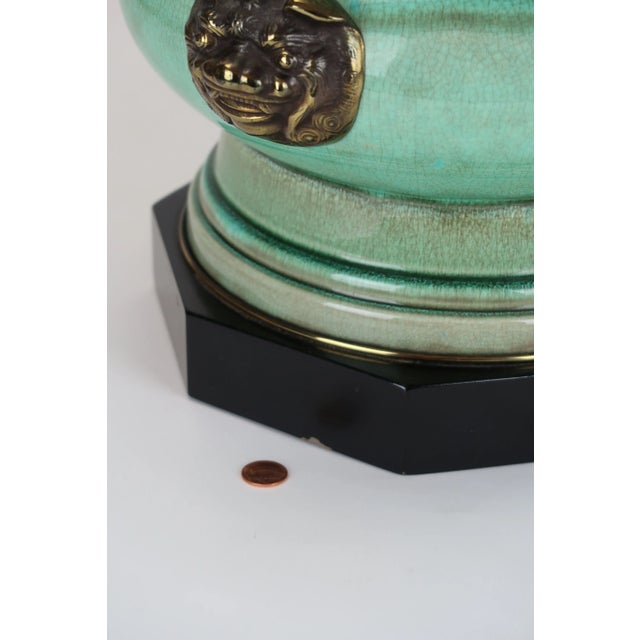 1950's Stiffel by Edwin Cole Chinoiserie Ceramic & Brass Dragon Foo Dog Table Lamp For Sale - Image 11 of 13