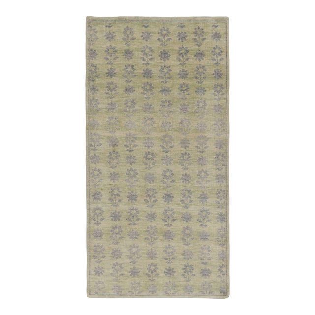 Rug & Kilim’s Block Print Rug With Gray, Chartreuse and Ochre Florals For Sale