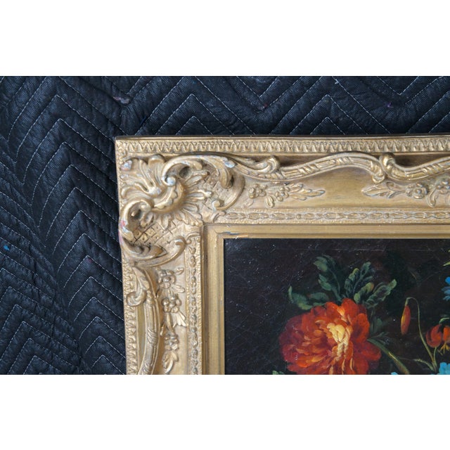 Vintage Flemish Style Floral Still Life After Pieter Bruegel Signed Oil Painting For Sale - Image 4 of 16