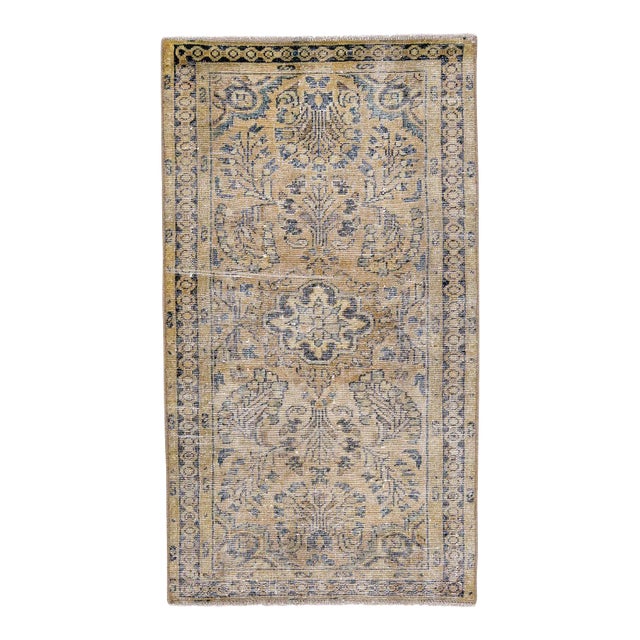 1960s Vintage Persian Distressed Handmade Medallion Beige Wool Rug For Sale
