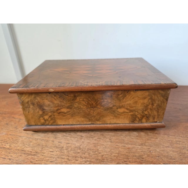 Red Antique Walnut Marquetry Jewelry Box With Key, Burl Wood Keepsake Box, Red Velvet Lined Locking Treasure Chest, Desk Box For Sale - Image 8 of 16