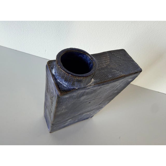 1989 Vintage Blue Glazed Geometric Bottle-Shaped Studio Pottery Vase, Signed For Sale - Image 11 of 12