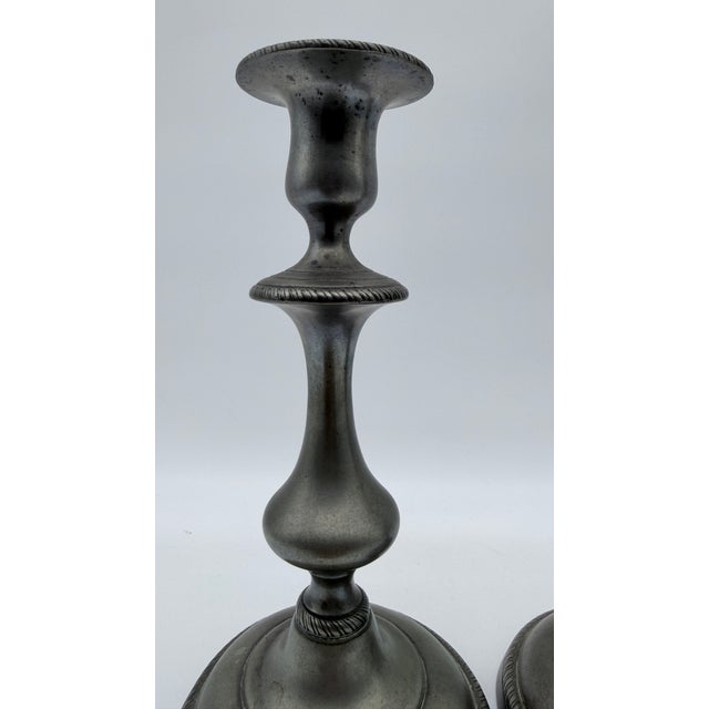 Farmhouse Antique Pair of American Pewter Candlesticks With Push Up Rods, Circa 1820s–1830s For Sale - Image 3 of 14