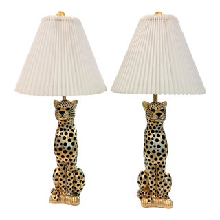 Contemporary Gold Cheetah Animal Print Tiger Table Lamps With Pleated Shades - A Pair For Sale