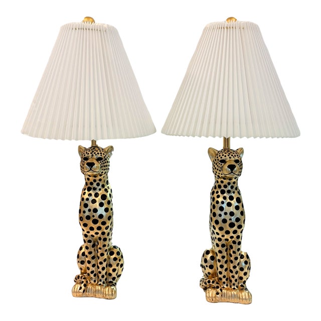 Contemporary Gold Cheetah Animal Print Tiger Table Lamps With Pleated Shades - A Pair For Sale