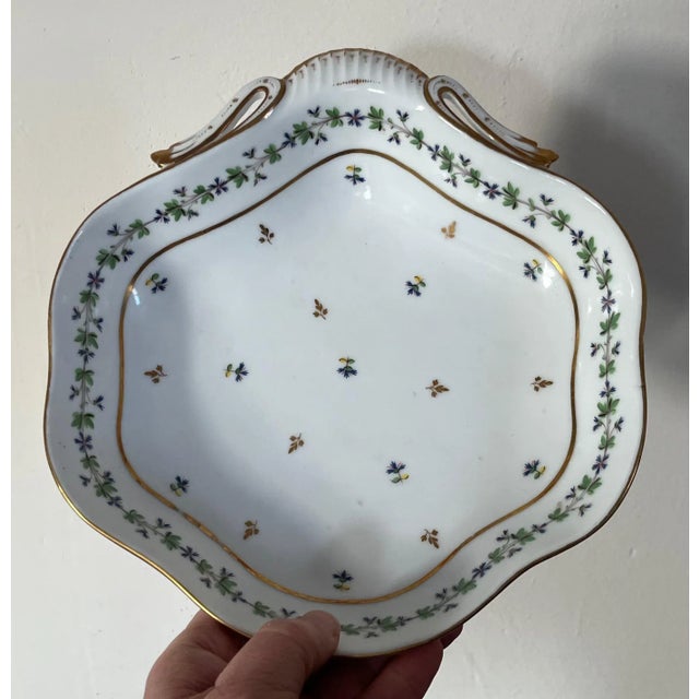 Fine pair 18th century Paris porcelain sprig cornflower shell shape dessert dishes by Guerhard et Dihl. Each measures 9...