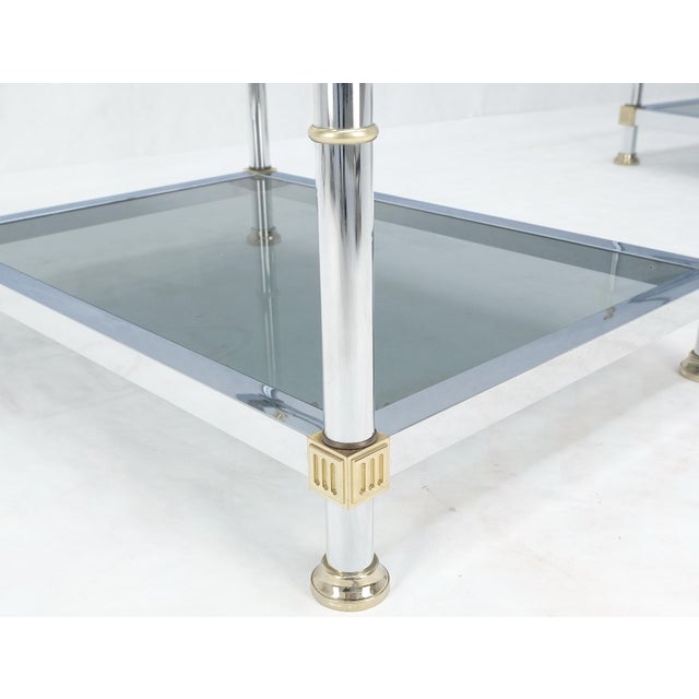 Mid 20th Century Pair of Rectangle Chrome & Brass Smoked Glass Two Tier End Side Tables MINT! For Sale - Image 5 of 9