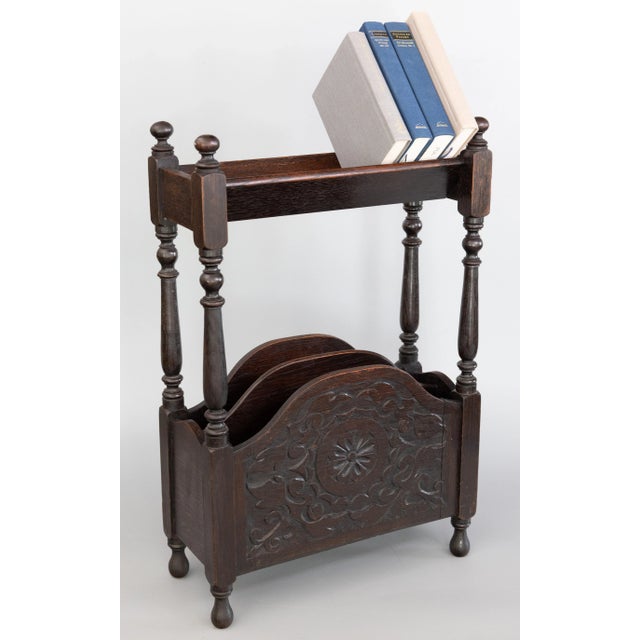Antique English Carved Oak Library Book Trough and Magazine Rack Stand