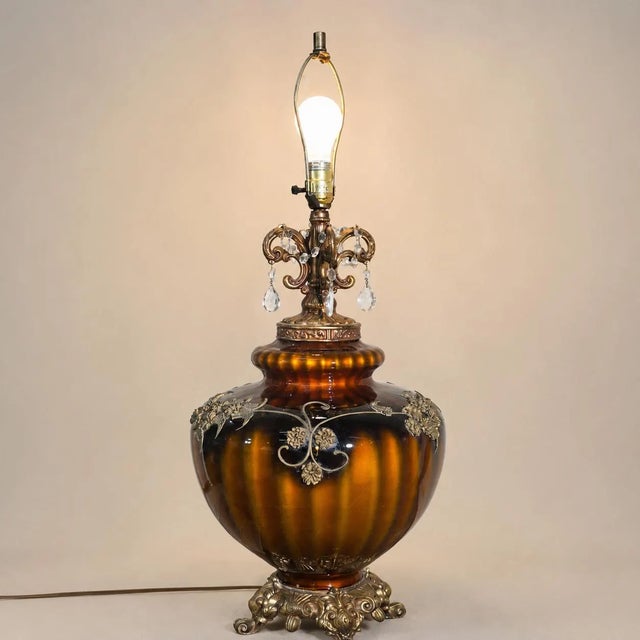 1960s Hollywood Regency Brown Glass Urn Table Lamp, Crystal Prisms, 32 Inch For Sale - Image 6 of 18