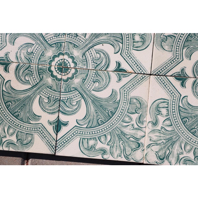 Art Deco Tiles Set of Eight Large Portuguese Green & Terracotta Ornamental Design c.1920s For Sale - Image 6 of 12