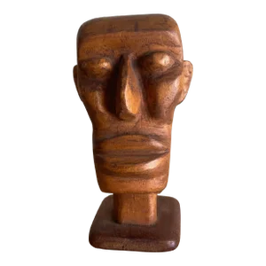 Vintage Modernist Wood Head Sculpture With Stand by Nimo Mocharnuik