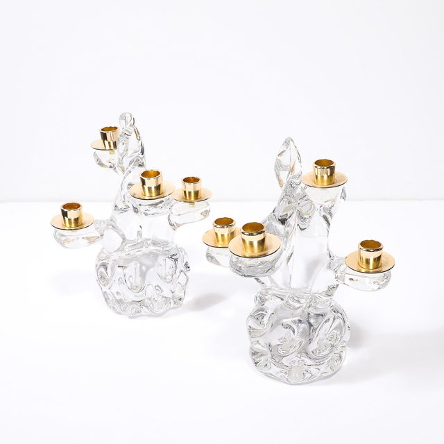 Transparent Pair of Mid-Century Crystal & Brass Tree Form Candelabras Signed Schneider For Sale - Image 8 of 15