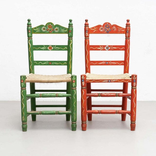 Rustic Traditional Hand Painted Wood Chairs, 1940s, Set of 2 For Sale - Image 3 of 18