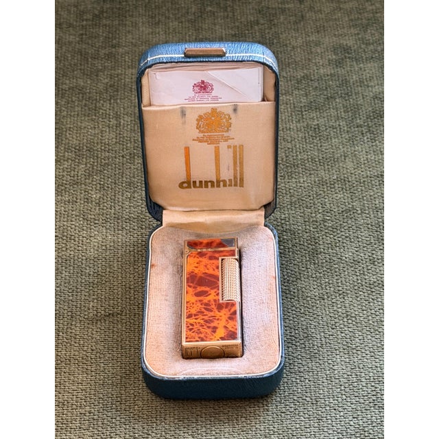 Rare Vintage Dunhill Gold Plated Cognac Marble Lacquer Lighter Original Sky Case For Sale - Image 11 of 15