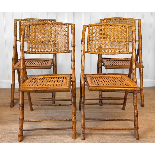 Hollywood Regency Vintage 1970s Coastal Rattan Bamboo Folding Bistro Chairs - Set of 4 For Sale - Image 3 of 12