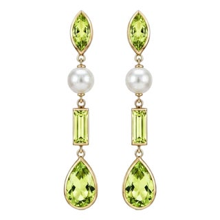 Peridot & Pearl Drop Earrings Studs, Silver, Gold, Pair For Sale