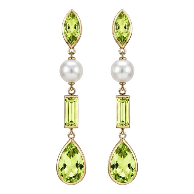 Peridot & Pearl Drop Earrings Studs, Silver, Gold, Pair For Sale