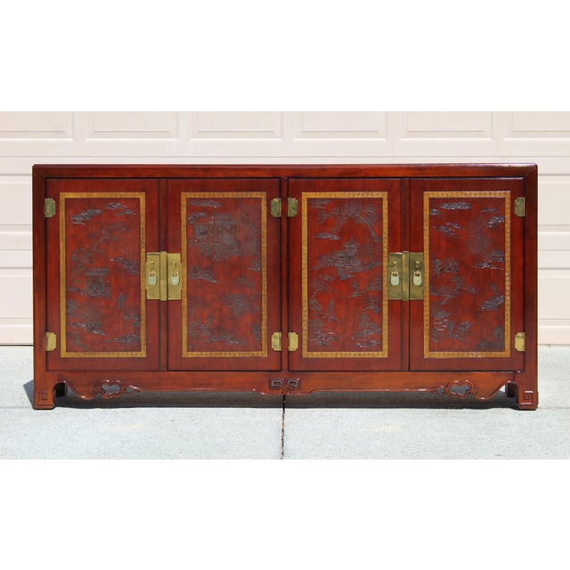 Asian Vintage Drexel Heritage Ming Credenza – Red Lacquer Chinoiserie Sideboard Cabinet 73 For Sale - Image 3 of 18