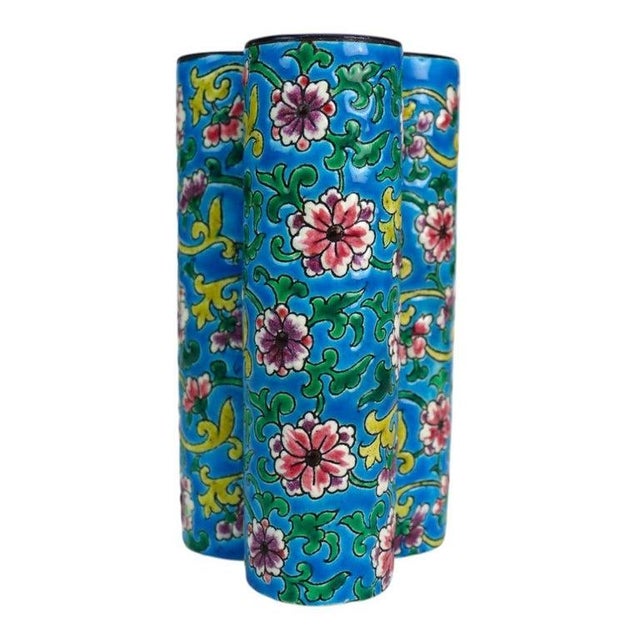 This French Longwy Pottery triple bud vase, dating to approximately 1900, showcases the distinctive enamelware...