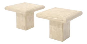 Square Tessellated Stone Veneer Brass Inlay End Tables Stands - a Pair
