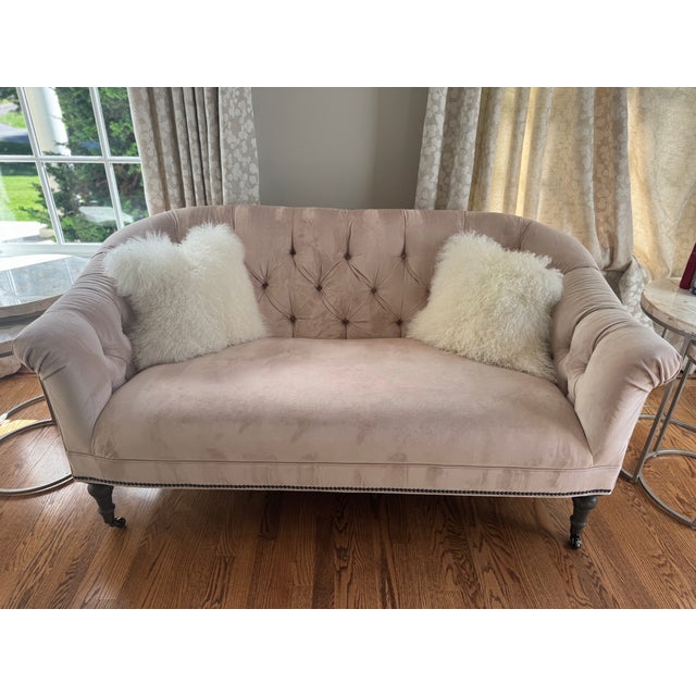 Pink Custom-Made Romantic Plush Velvet Pale Pink Loveseat For Sale - Image 8 of 8